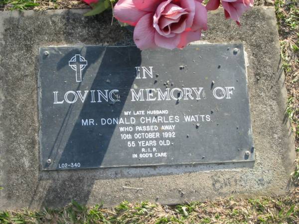 Donald Charles WATTS,  | husband,  | died 10 Oct 1992 aged 55 years;  | Mudgeeraba cemetery, City of Gold Coast  | 