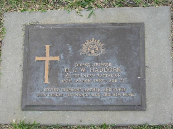 H.J.W. HADDOCK,  | died 16 March 1992 aged 73 years,  | husband father poppy;  | Mudgeeraba cemetery, City of Gold Coast  | 