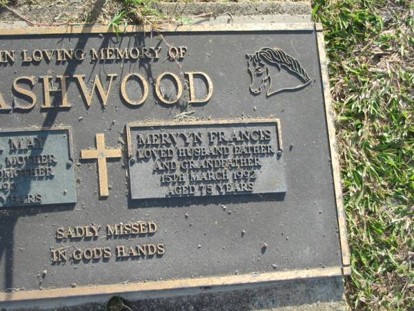 Thelma May ASHWOOD,  | died 17-8-93 aged 78 years,  | wife mother grandmother;  | Mervyn Francis ASHWOOD,  | died 15 March 1992 aged 75 years,  | husband father grandfather;  | Mudgeeraba cemetery, City of Gold Coast  | 