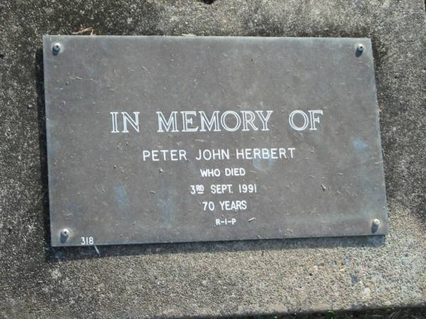 Peter John HERBERT,  | died 3 Sept 1991 aged 70 years;  | Mudgeeraba cemetery, City of Gold Coast  | 
