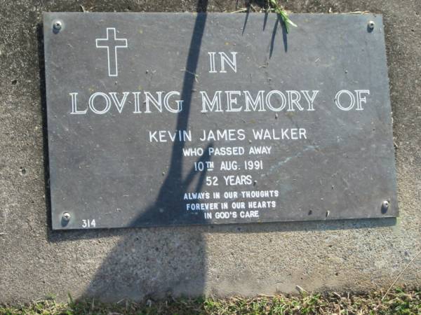 Kevin James WALKER,  | died 10 Aug 1991 aged 52 years;  | Mudgeeraba cemetery, City of Gold Coast  | 