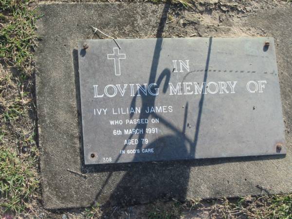 Ivy Lilian JAMES,  | died 6 March 1991 aged 79 years;  | Mudgeeraba cemetery, City of Gold Coast  | 