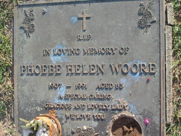 Phoebe Helen WOORE,  | 1907 - 1991 aged 83 years;  | Mudgeeraba cemetery, City of Gold Coast  | 