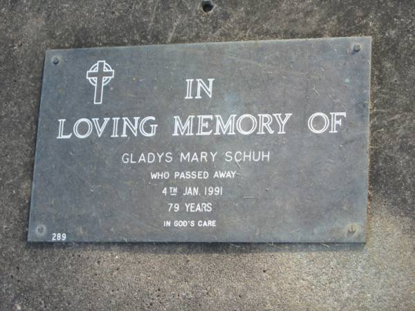 Gladys Mary SCHUH,  | died 4 Jan 1991 aged 79 years;  | Mudgeeraba cemetery, City of Gold Coast  | 