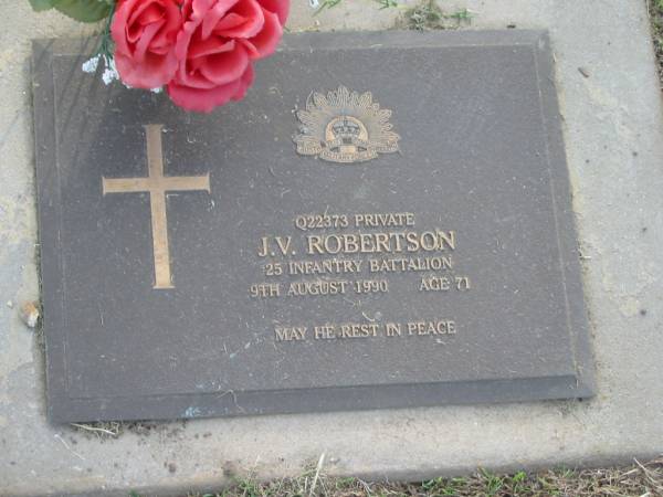 J.V. ROBERTSON,  | died 9 Aug 1990 aged 71 years;  | Mudgeeraba cemetery, City of Gold Coast  | 