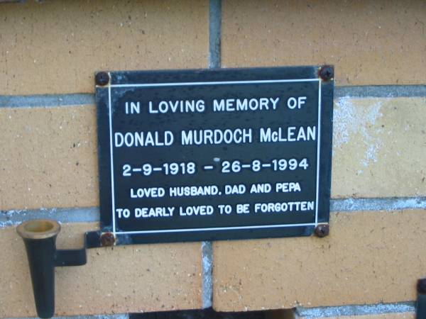 Donald Murdoch MCLEAN,  | 2-9-1918 - 26-8-1994,  | husband dad pepa;  | Mudgeeraba cemetery, City of Gold Coast  | 