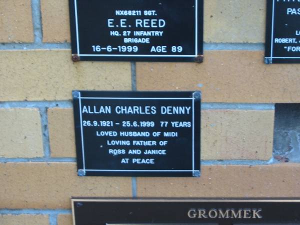 Allan Charles DENNY,  | 26-9-1921 - 25-6-1999 aged 77 years,  | husband of Midi,  | father of Ross & Janice;  | Mudgeeraba cemetery, City of Gold Coast  | 