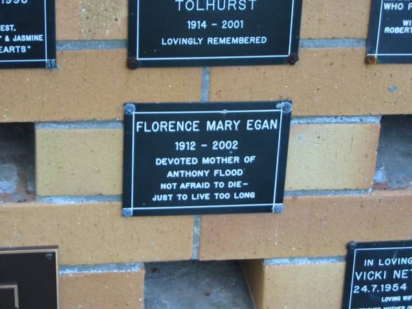 Florence Mary EGAN,  | 1912 - 2002,  | mother of Anthony Flood;  | Mudgeeraba cemetery, City of Gold Coast  | 