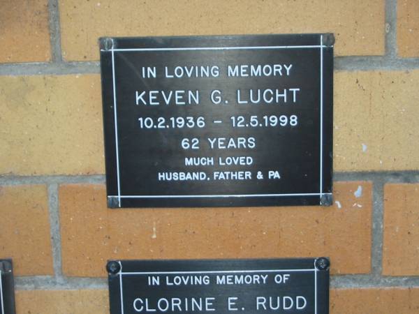 Keven G. LUCJT,  | 10-2-1936 - 12-5-1998 aged 62 years,  | husband father pa;  | Mudgeeraba cemetery, City of Gold Coast  | 