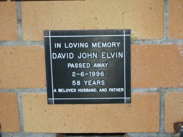 David John ELVIN,  | died 2-6-1996 aged 58 years,  | husband father;  | Mudgeeraba cemetery, City of Gold Coast  | 