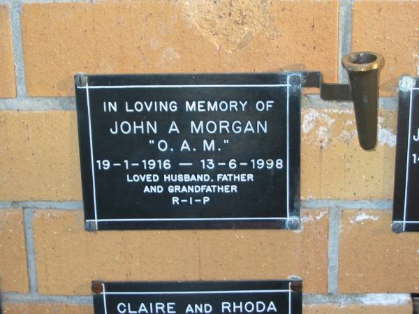 John A, MORGAN,  | 19-1-1916 - 13-6-1998,  | husband father grandfather;  | Mudgeeraba cemetery, City of Gold Coast  | 