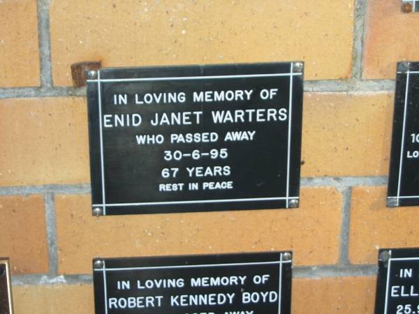 Enid Janet WARTERS,  | died 30-6-95 aged 67 years;  | Mudgeeraba cemetery, City of Gold Coast  | 