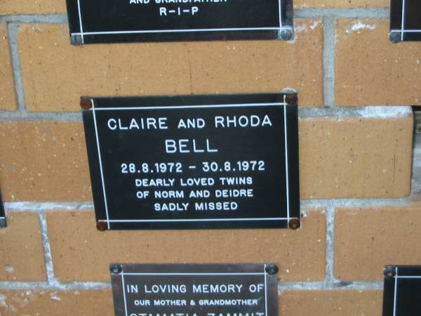 Claire & Rhoda BELL,  | 28-8-1972 - 30-8-1972,  | twins of Norm & Deidre;  | Mudgeeraba cemetery, City of Gold Coast  | 