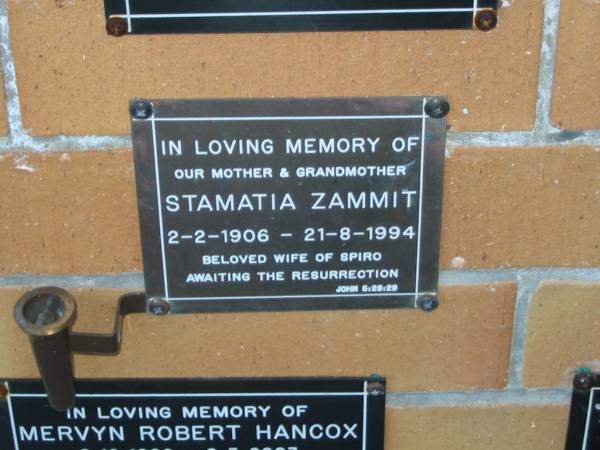 Stamatia ZAMMIT,  | 2-2-1906 21-8-1994,  | wife of Spiro,  | mother grandmother;  | Mudgeeraba cemetery, City of Gold Coast  | 