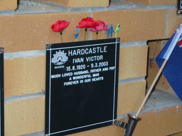 Ivan Victor HARDCASTLE,  | 15-8-1920 -9-3-2003,  | husband father pop;  | Mudgeeraba cemetery, City of Gold Coast  | 