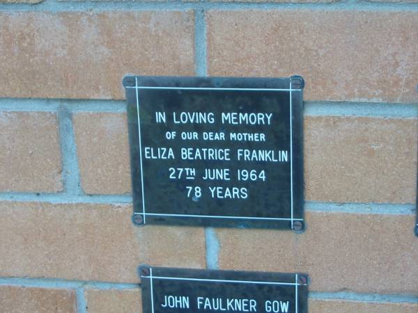 Eliza Beatrice FRANKLIN,  | died 27 June 1964 aged 78 years,  | mother;  | Mudgeeraba cemetery, City of Gold Coast  | 