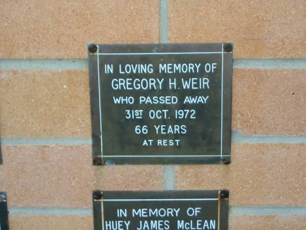 Gregory H. WEIR,  | died 31 Oct 1972 aged 66 years;  | Mudgeeraba cemetery, City of Gold Coast  | 