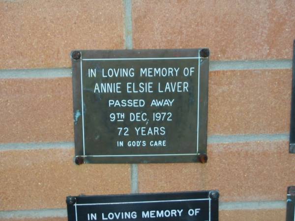 Annie Elside LAVER,  | died 9 Dec 1972 aged 72 years;  | Mudgeeraba cemetery, City of Gold Coast  | 
