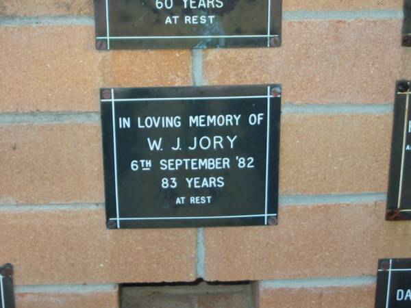 W.J. JORY,  | died 6 Sept 82 aged 83 years;  | Mudgeeraba cemetery, City of Gold Coast  | 