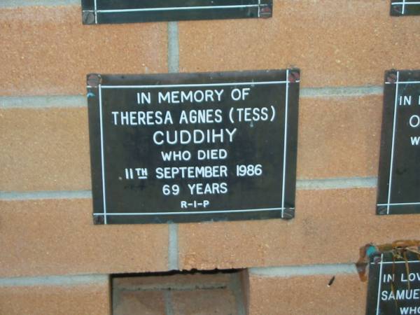 Theresa Agnes (Tess) CUDDIHY,  | died 11 Sept 1986 aged 69 years;  | Mudgeeraba cemetery, City of Gold Coast  | 
