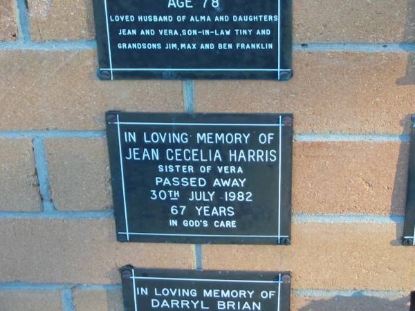 Jean Cecelia HARRIS,  | died 30 July 1982 aged 67 years,  | sister of Vera;  | Mudgeeraba cemetery, City of Gold Coast  | 