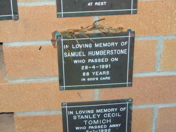 Samuel HUMBERSTONE,  | died 28-4-1991 aged 88 years;  | Mudgeeraba cemetery, City of Gold Coast  | 