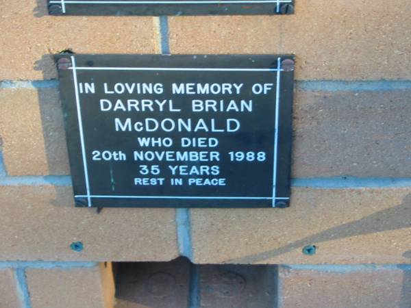 Darryl Brian MCDONALD,  | died 20 Nov 1988 aged 35 years;  | Mudgeeraba cemetery, City of Gold Coast  | 