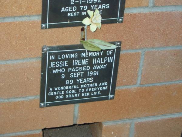 Jessie Irene HALPIN,  | died 9 Sept 1991 aged 89 years,  | mother;  | Mudgeeraba cemetery, City of Gold Coast  | 