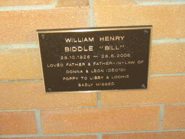 William Henry (Bill) BIDDLE,  | 29-10-1926 - 28-6-2006,  | father & father-in-lw of Donna & Leon (dec'd),  | poppy to Libby & Lochie;  | Mudgeeraba cemetery, City of Gold Coast  | 