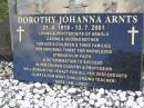 
Dorothy Johanna ARNTS,
21-4-1918 - 13-7-2001,
wife of Arnold,
mother of 8 children;
Mudgeeraba cemetery, City of Gold Coast
