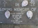 Alice GARRICK, died 7 April 1990 aged 80 years, nana; Mudgeeraba cemetery, City of Gold Coast 