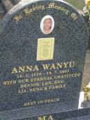 
Anna WANYU,
14-1-1916  - 14-7-2001,
rememberd by Dennis, Lan, Edo, Lia, Beng & family;
Mudgeeraba cemetery, City of Gold Coast
