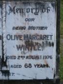 
John Norton WINTLE,
husband father,
died 14 Aug 1951 aged 52 years;
Olive Margaret WINTLE,
mother,
died 2 Aug 1976 aged 68 years;
Mudgeeraba cemetery, City of Gold Coast
