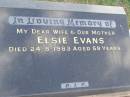 
Elsie EVANS,
wife mother,
died 24-8-1983 aged 59 years;
Mudgeeraba cemetery, City of Gold Coast

