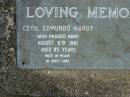 
Cecil Edmunds HARDY,
died 6 Aug 1981 aged 85 years;
Mudgeeraba cemetery, City of Gold Coast
