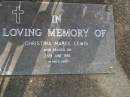 Christina Maree LEWIS, died 28 June 1985; Mudgeeraba cemetery, City of Gold Coast 