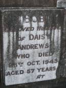 
Bob,
husband of Daisy ANDREWS,
died 28 Oct 1943 aged 57 years;
Daisy,
wife of Bob ANDREWS,
died 18 April 1965 aged 77 years;
Mudgeeraba cemetery, City of Gold Coast
