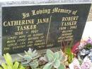 
Catherine Jane TASKER,
1898 - 1991,
wife of Robert,
mother of Leslie, Lily, Eva, Anne, Ena, Dorothy;
Robert TASKER,
1908 - 2002,
husband of Catherine;
Mudgeeraba cemetery, City of Gold Coast
