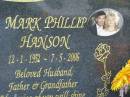 Mark Phillip HANSON, 12-1-1952 - 7-5-2006, husband, father, grandfather; Mudgeeraba cemetery, City of Gold Coast 