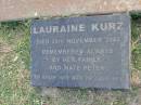 Harold Alfred KURZ, 1911 - 1975, husband of Pat, father of Toni, Lauraine, Dale, Gaylene, Joanne, Nigel & Simon; H.A. KURZ, died 7 Sept 1975 aged 63 years; Lauraine KURZ, died 30 Nov 2002, mate of Peter; Mudgeeraba cemetery, City of Gold Coast 