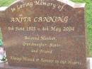 
Anita CANNING,
5 June 1925 - 4 May 2004,
mother grandmother sister;
Mudgeeraba cemetery, City of Gold Coast
