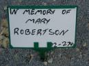 
Mary ROBERTSON;
Mudgeeraba cemetery, City of Gold Coast
