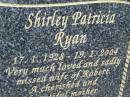 Shirley Patricia RYAN, 17-1-1928 - 19-1-2004, wife of Robert, mother of 5 children, grandmother; Robert William James RYAN, 22-12-1928 - 15-3-2004, husband of Shirley, father of 5 children, grandfather; Mudgeeraba cemetery, City of Gold Coast 