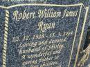 
Shirley Patricia RYAN,
17-1-1928 - 19-1-2004,
wife of Robert,
mother of 5 children,
grandmother;
Robert William James RYAN,
22-12-1928 - 15-3-2004,
husband of Shirley,
father of 5 children,
grandfather;
Mudgeeraba cemetery, City of Gold Coast
