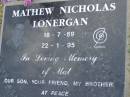 
Mathew Nicholas (Mat) LONERGAN,
18-7-69 - 22-1-95,
son friend & brother of Kay, Nick & Mardi;
Mudgeeraba cemetery, City of Gold Coast
