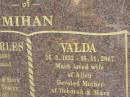 
Allen Charles MIHAN,
11-5-31 - 10-6-2002,
husband of Valda,
father of Deborah & Mark,
father-in-law of Tracey,
grandfather of Rachael, Sarah, Rhiannon, Ben,
Monique & Simone,
great-granfather of Myke;
Valda MIHAN,
26-3-1932 - 16-11-2007,
wife of Allen,
mother of Deborah & Mark,
grandmother of Rachael, Sarah, Rhiannon, Ben,
Monique & Simone,
great-grandmother of Myke;
Mudgeeraba cemetery, City of Gold Coast
