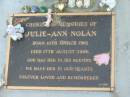 
Julie-Ann NOLAN,
born 10 March 1961,
died 17 Aug 2006;
Mudgeeraba cemetery, City of Gold Coast
