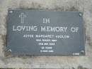 Joyce Margaret HADLOW, died 24 May 2003 aged 83 years; Mudgeeraba cemetery, City of Gold Coast 