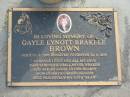 
Gayle Lynott Brakele BROWN,
born 17-2-1956,
died 12-9-1999,
remembered by Alan;
Mudgeeraba cemetery, City of Gold Coast
