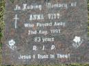 Anna VITT, died 2 Aug 1991 aged 83 years; Mudgeeraba cemetery, City of Gold Coast 
